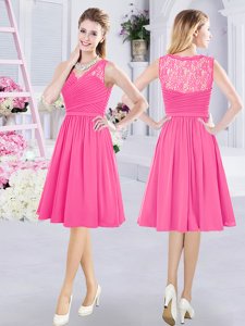Glamorous Hot Pink Side Zipper V-neck Lace and Ruching Vestidos de Damas Chiffon Sleeveless