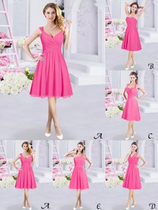 Extravagant Knee Length Hot Pink Damas Dress Chiffon Sleeveless Lace and Ruching and Belt