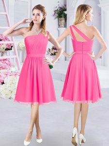 A-line Damas Dress Hot Pink One Shoulder Chiffon Sleeveless Knee Length Zipper