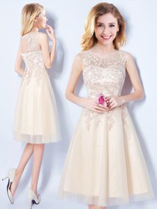 Scoop Appliques Vestidos de Damas Champagne Lace Up Sleeveless Knee Length