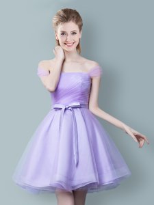 Hot Selling Knee Length Lavender Quinceanera Court Dresses Off The Shoulder Sleeveless Zipper