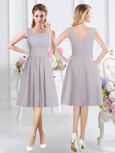 Halter Top Grey Chiffon Zipper Damas Dress Sleeveless Knee Length Lace and Ruching