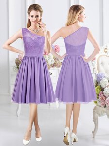 Eye-catching One Shoulder Sleeveless Side Zipper Quinceanera Court of Honor Dress Lavender Chiffon