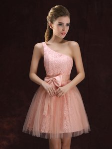 One Shoulder Sleeveless Lace Up Mini Length Lace and Bowknot Dama Dress for Quinceanera