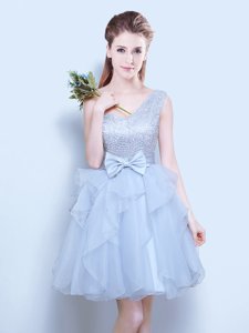 Excellent Grey Organza Lace Up One Shoulder Sleeveless Mini Length Dama Dress Lace and Ruffles and Bowknot