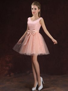 A-line Quinceanera Court Dresses Peach V-neck Tulle and Lace Sleeveless Mini Length Lace Up