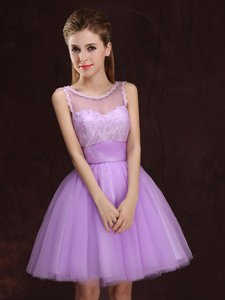 Gorgeous Scoop Lace and Ruching Dama Dress Lilac Lace Up Sleeveless Mini Length