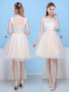 On Sale Scoop Champagne A-line Bowknot Vestidos de Damas Lace Up Tulle Sleeveless Knee Length