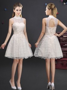 Knee Length Lace Up Dama Dress Champagne and In for Prom and Party and Wedding Party with Lace and Appliques