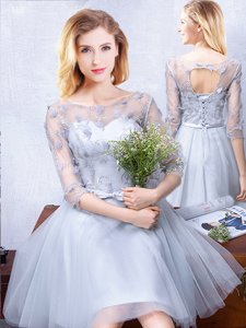 Most Popular Grey Scoop Lace Up Lace and Appliques and Belt Vestidos de Damas Half Sleeves