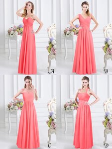 Elegant Sleeveless Chiffon Floor Length Zipper Vestidos de Damas in Watermelon Red for with Lace and Ruching