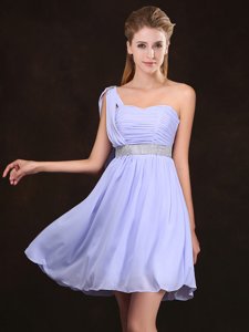 One Shoulder Sleeveless Chiffon Mini Length Zipper Quinceanera Dama Dress in Lavender for with Sequins and Ruching