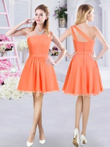 One Shoulder Orange Sleeveless Mini Length Ruching Zipper Quinceanera Dama Dress