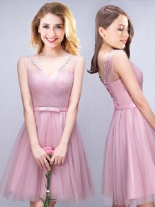 Traditional Pink Sleeveless Mini Length Ruching and Bowknot Lace Up Damas Dress