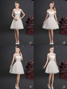 Champagne A-line Lace Off The Shoulder Sleeveless Lace and Appliques Knee Length Lace Up Dama Dress for Quinceanera