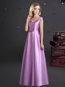 Fancy Off the Shoulder Lilac Cap Sleeves Floor Length Bowknot Zipper Court Dresses for Sweet 16