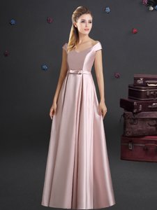 Glorious Off the Shoulder Elastic Woven Satin Cap Sleeves Floor Length Quinceanera Court Dresses and Bowknot