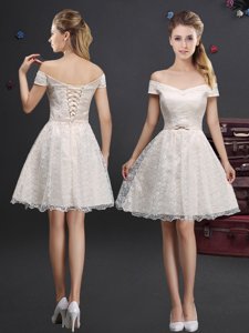 Nice Off the Shoulder Knee Length A-line Sleeveless Champagne Dama Dress for Quinceanera Lace Up