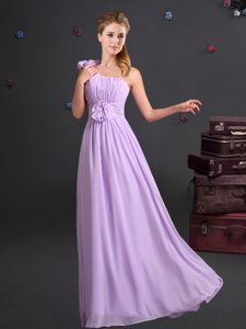 One Shoulder Ruching and Hand Made Flower Court Dresses for Sweet 16 Lavender Zipper Sleeveless Floor Length