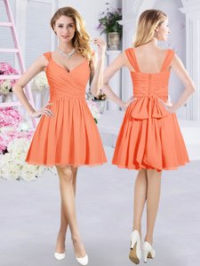 Decent Orange Chiffon Zipper Straps Sleeveless Mini Length Vestidos de Damas Ruching and Belt