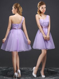 One Shoulder Lace Dama Dress Lavender Lace Up Sleeveless Mini Length