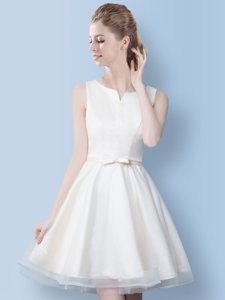 Excellent Scoop White Sleeveless Tulle Lace Up Dama Dress for Prom and Party