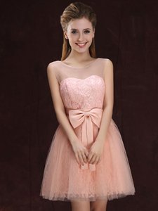 Scoop Sleeveless Lace Up Mini Length Lace and Bowknot Quinceanera Court Dresses