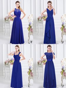 Royal Blue Chiffon Zipper Damas Dress Sleeveless Floor Length Lace and Ruffles and Ruching