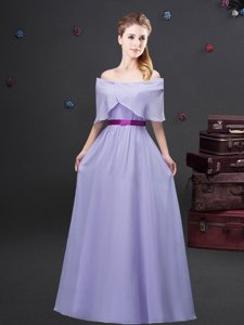 Lavender Zipper Off The Shoulder Ruching and Belt Dama Dress Chiffon Half Sleeves