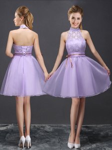 Halter Top Lavender Sleeveless Organza Lace Up Dama Dress for Quinceanera for Prom and Party and Wedding Party