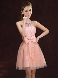 Artistic Halter Top Peach Tulle and Lace Lace Up Court Dresses for Sweet 16 Sleeveless Mini Length Lace and Bowknot