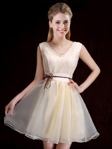 Flirting Champagne Lace Up Scoop Lace and Ruffles and Belt Quinceanera Dama Dress Organza Sleeveless