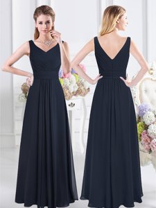 V-neck Sleeveless Quinceanera Court Dresses Floor Length Ruching Navy Blue Chiffon