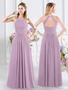 Charming Halter Top Sleeveless Zipper Floor Length Ruching Damas Dress