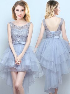 Best Selling Scoop Grey Sleeveless Organza and Lace Lace Up Dama Dress for Quinceanera for Prom and Party and Wedding Party
