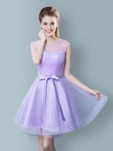 Fashionable Scoop Lavender Sleeveless Ruching and Bowknot Knee Length Damas Dress