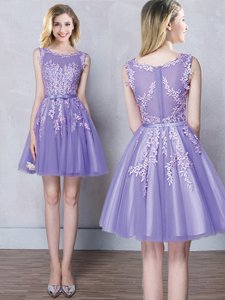 Eye-catching Scoop Lavender Tulle Zipper Damas Dress Sleeveless Mini Length Appliques and Belt