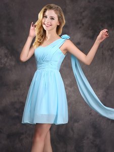 One Shoulder Mini Length Zipper Court Dresses for Sweet 16 Baby Blue and In for Prom and Party and Wedding Party with Ruching and Hand Made Flower