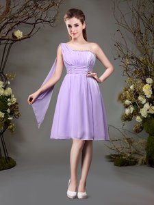 Cheap One Shoulder Sleeveless Chiffon Mini Length Zipper Quinceanera Court Dresses in Lavender for with Beading and Ruching
