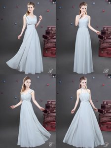 Elegant Grey Empire Chiffon V-neck Sleeveless Ruching Floor Length Zipper Dama Dress for Quinceanera