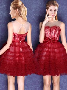 Scoop Mini Length Wine Red Damas Dress Tulle Sleeveless Lace and Bowknot