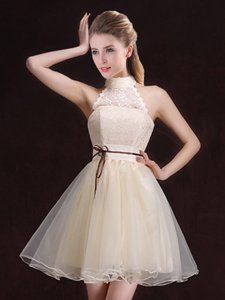 Fantastic Halter Top Sleeveless Organza Mini Length Lace Up Quinceanera Court Dresses in Champagne for with Lace and Belt