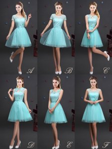 Aqua Blue Sleeveless Mini Length Beading and Lace and Appliques and Belt Lace Up Dama Dress