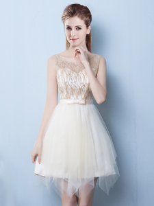 Deluxe Scoop Sleeveless Sequins and Bowknot Lace Up Quinceanera Dama Dress