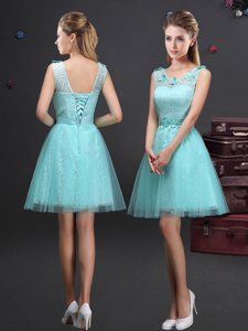Aqua Blue Quinceanera Court of Honor Dress Prom and Party and Wedding Party and For with Lace and Appliques and Belt Scoop Sleeveless Lace Up