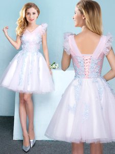 Clearance White Sleeveless Mini Length Appliques Lace Up Quinceanera Dama Dress