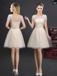 Mini Length Champagne Dama Dress for Quinceanera Tulle Short Sleeves Lace and Appliques and Belt