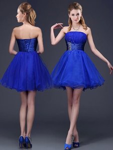 Comfortable Sleeveless Mini Length Beading and Ruching Lace Up Dama Dress for Quinceanera with Royal Blue