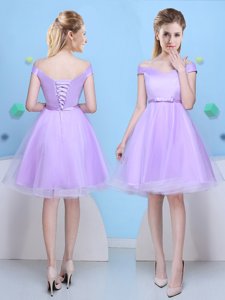 Excellent Knee Length Lavender Dama Dress for Quinceanera Tulle Cap Sleeves Bowknot