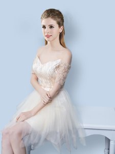 Romantic Champagne Lace Up Off The Shoulder Sequins and Bowknot Vestidos de Damas Tulle Short Sleeves